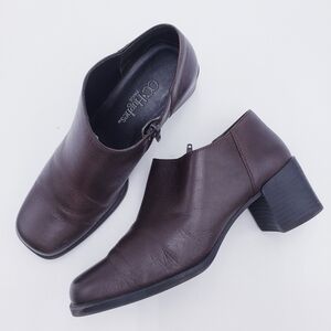 Vintage Brown Leather Square Toe Chunky Heel Ankle Booties Y2K 90s Size 8‎